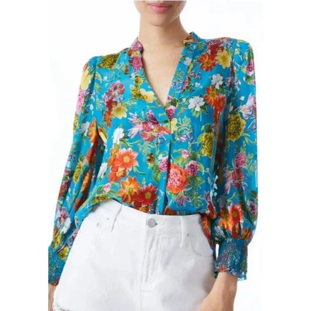 alice olivia New Authentic Blue Pink Summer Bliss Long Sleeve Top Blouse Xs